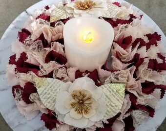 Burgundy Centerpiece, Wreath Centerpiece, Farmhouse Candle Holder, Candle Centerpiece, Candle Wreath, Table Candle Holder, Table Wreath