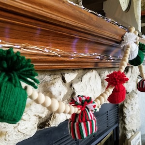 Winter Garland, Wood Bead Garland, Mantel Garland, Beaded Garland, Yarn Hat, Window Swag, Bead Garland, Yarn Garland, Window Garland