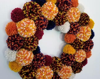 Pom Pom Wreath, Yarn Wreath, Autumn Door Wreath, Fall Door Wreath, Pom Pom Wall Hanging, Yarn Pom Poms, Orange Pom Poms, Fall Door Hanger