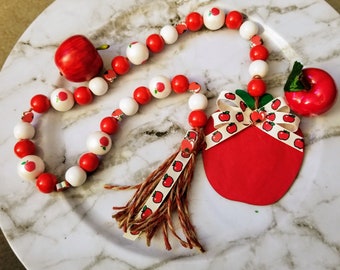 Red Apple Decor, Wood Bead Garland, Apple Decoration, Tiered Tray Garland, Bead Garland, Beaded Garland Decor, Red Garland, Tassel Garland