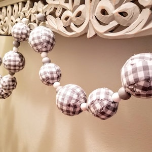 Ball Garland, Farmhouse Garland, Wood Bead Garland, Buffalo Check Decor, Rag Balls, Rag Garland, Beaded Garland, Mantel Garland, Bowl Filler