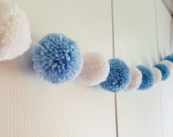 Blue and White Garland, Pom Pom Garland, Pom Pom Wall Hanging, Baby Shower Garland, Doorway Decor, Yarn Pom Pom Garland, Yarn Garland