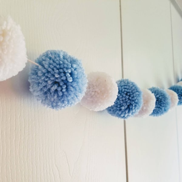 Blue and White Garland, Yarn Pom Pom Garland, Baby Shower Garland, Doorway Decoration, Nursery Garland, Staircase Garland, Hanging Garland