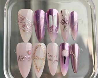 Lila BTS Kpop Press On Nails, Forever With You Nail, NailArt-inspirerad fankonsert
