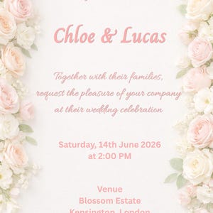 Editable Wedding Invitation Template, Blush Floral Wedding Invite, Soft Pink Elegant Invitation, Printable Wedding Card, Canva Template