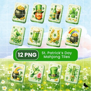 Puede incluir: Un conjunto de fichas de Mahjong del Día de San Patricio. Las fichas presentan imágenes de una olla de oro, un duende, cerveza, un trébol de cuatro hojas, un pájaro, una jarra de cerveza verde, una herradura, un arcoíris y un sombrero verde. También está presente el texto "12 PNG".
