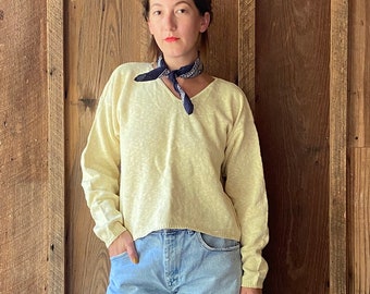 90s pale yellow cotton knit cropped v-neck sweater