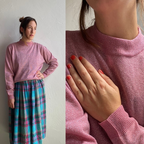 90s blush pink mock neck sweater with silver threading