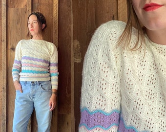 70s-80s handmade pastel knit crochet sweater with wiggly stripes