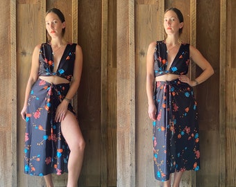 1970s handmade black two piece wrap top and skirt with blue and orange flowers