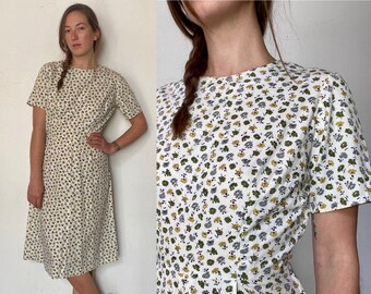 1950s handmade floral crew neck cotton dress | size 8