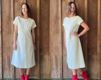 1960s handmade creamy white thick polyester trapeze dress