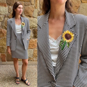 90s Emanuel Ungaro checkered skirt suit w/ sequin sunflower lapel