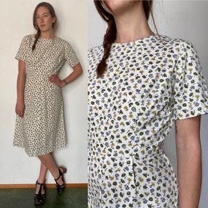 1950s handmade floral crew neck cotton dress | size 8