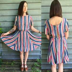 Puede incluir: Un vestido de rayas azules, rosas, amarillas y verdes con cuello redondo y mangas cortas. El vestido tiene una falda acampanada y una cremallera en la espalda.