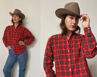 90s red, green, and gold plaid Western shirt by Liz Sport