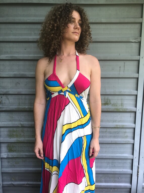 90s color block print strappy halter sundress w/ … - image 5