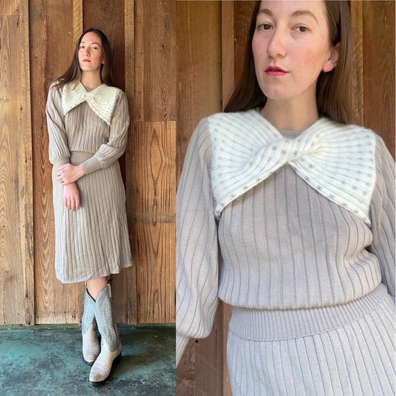 1980s beige and white ribbed knit sweater skirt s… - image 1