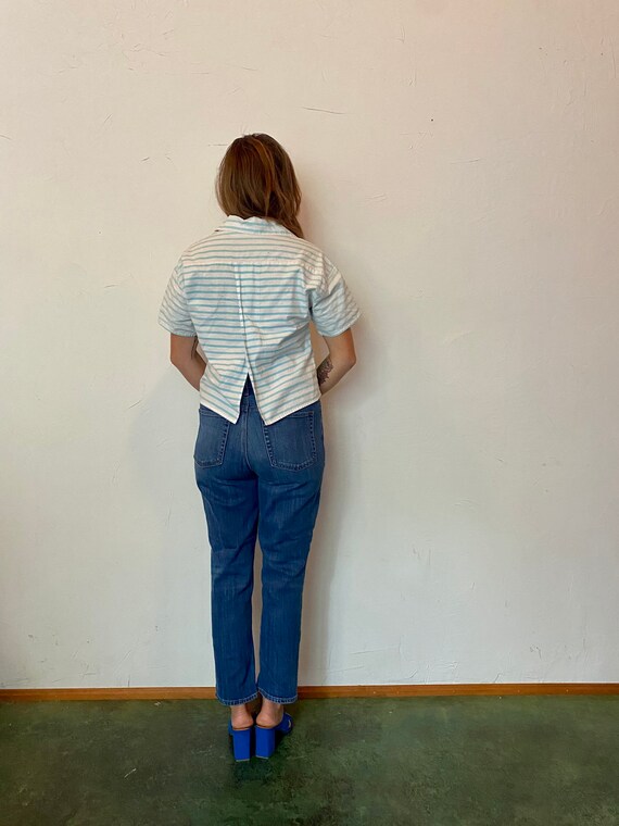 90s baby blue & white striped cropped fishing shi… - image 4