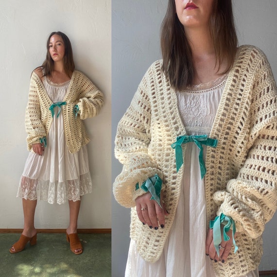Edna Ladies Bell Sleeve Crochet Bohemian Hippy Cardigan Ivory [ET8741 Ivory  Easel Crochet Car] - $46.00