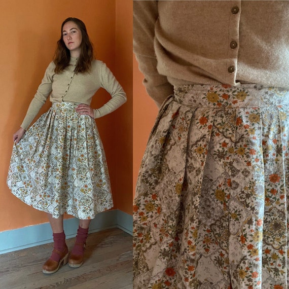 1950s handmade fall floral full skirt w/ pleats