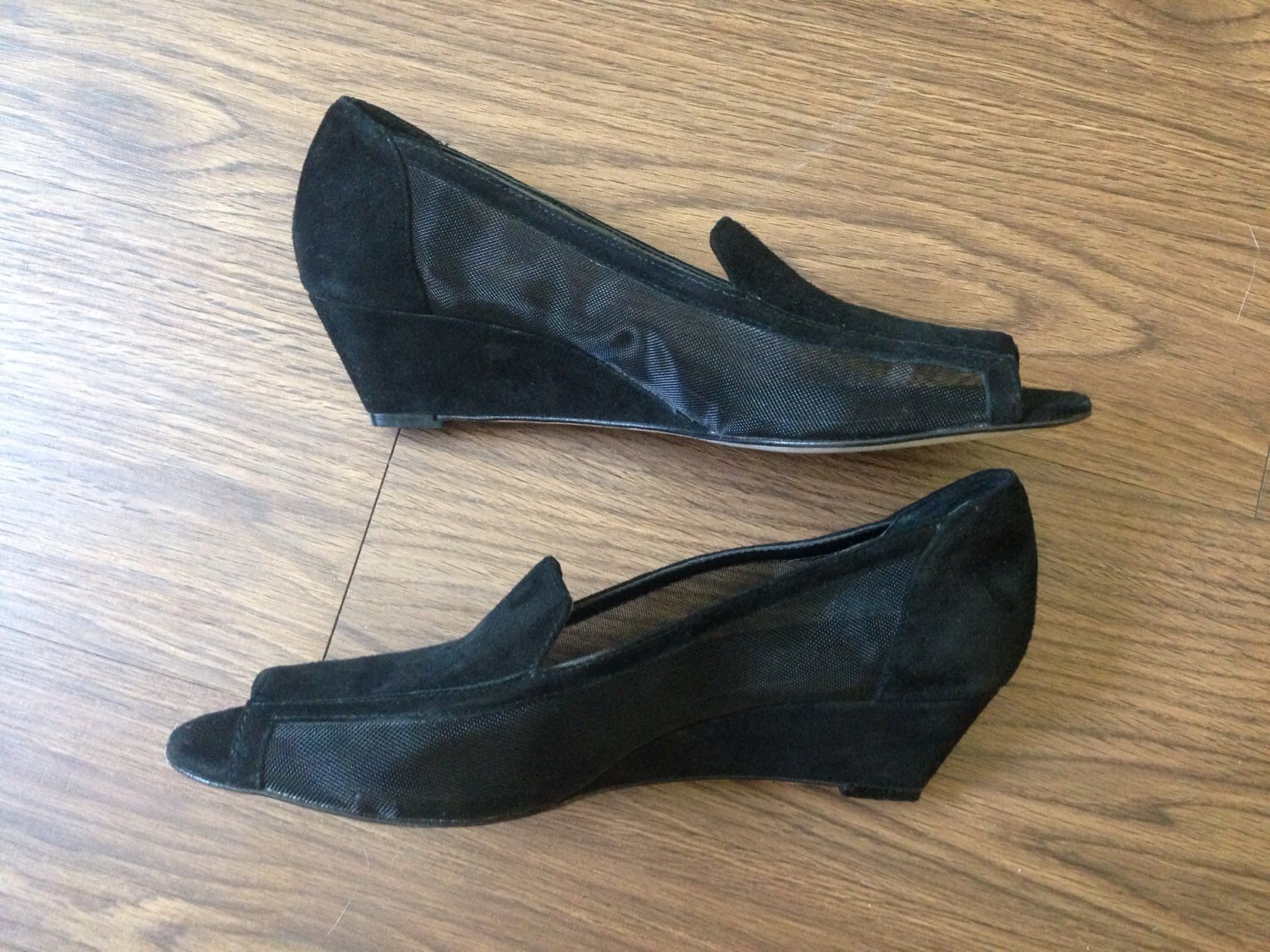 black peeptoe wedges
