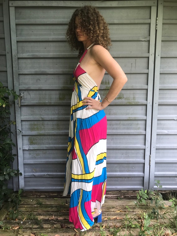 90s color block print strappy halter sundress w/ … - image 3