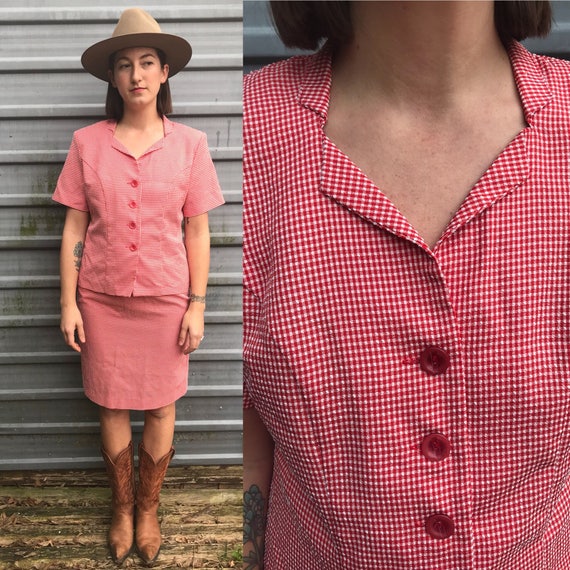 1980s red gingham skirt suit