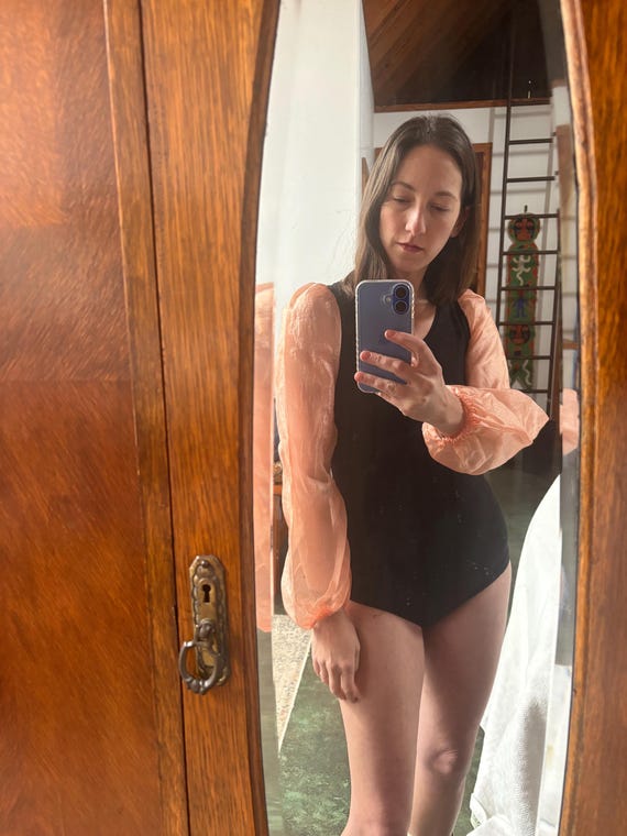 Peach iridescent translucent large puff sleeves o… - image 6