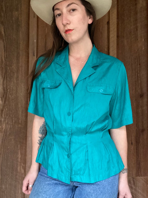 80s-90s teal green crinkle button down blouse wit… - image 2