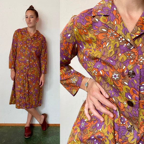 1960s handmade MOD leaf print button up dress - image 1