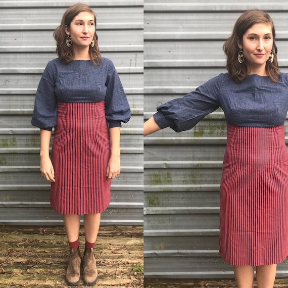 1960s denim & canvas pencil dress w/ bishop sleeve