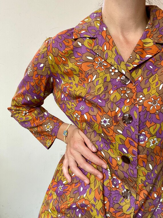 1960s handmade MOD leaf print button up dress - image 7