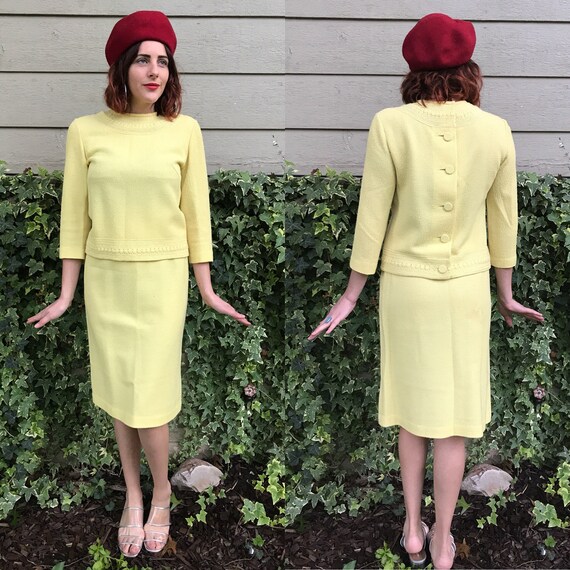 1950s yellow knit sweater 2 piece outfit by R&K Or