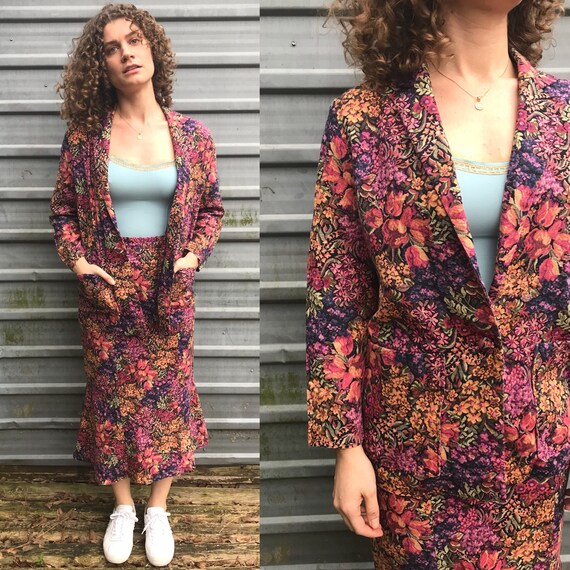 80s/90s handmade autumn floral skirt suit