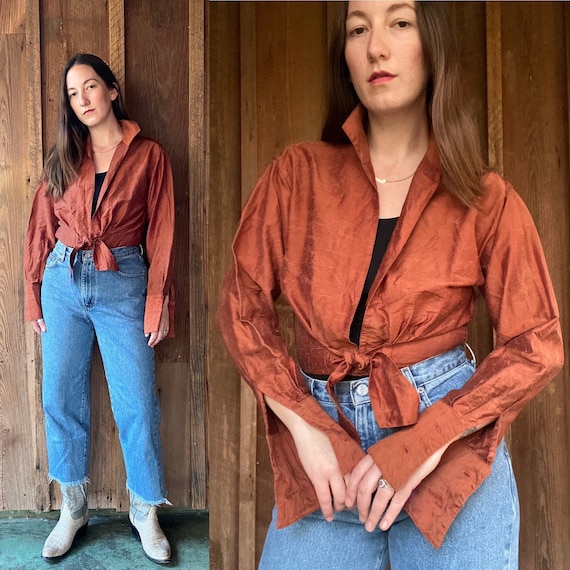 1980s copper silk blouse with black bodysuit atta… - image 1