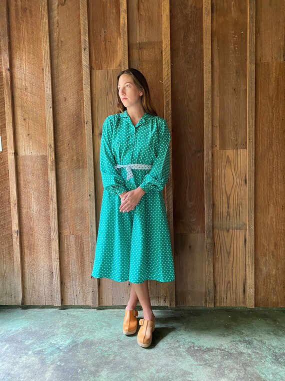 green and white polka dot wrap dress Unique Vintage Womens Wrap Dress Green Polka Dot 3/4 Sleeve Surplice Cotton Smal