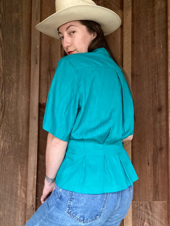 80s-90s teal green crinkle button down blouse wit… - image 3