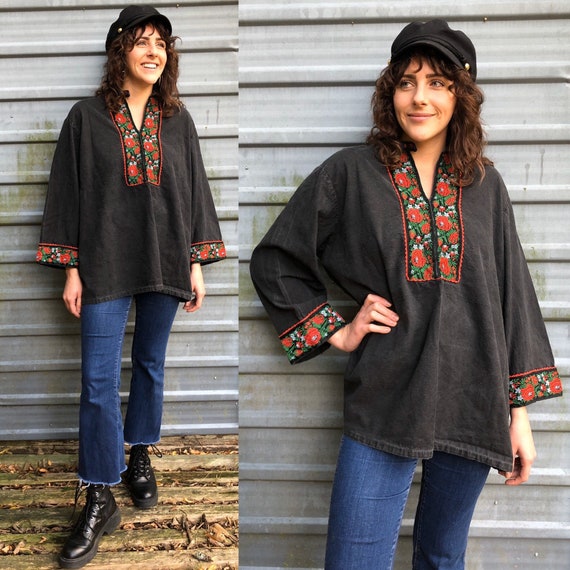 1970s Hungarian embroidered red & black floral tun