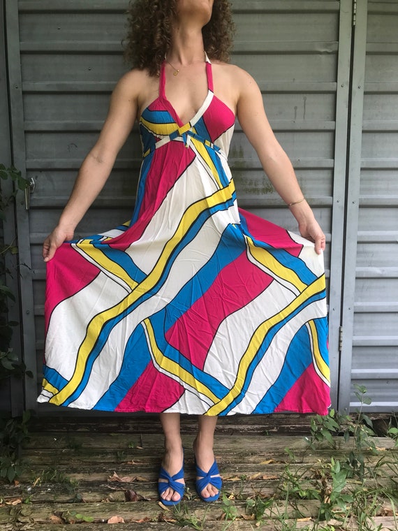 90s color block print strappy halter sundress w/ … - image 2