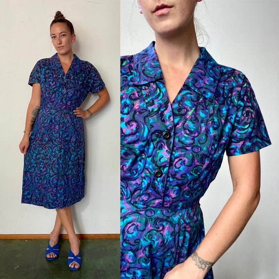 1960s handmade watercolor & black swirl shirtdress - image 1