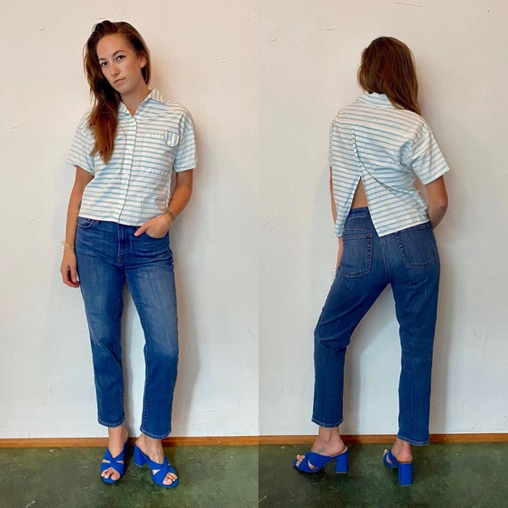 90s baby blue & white striped cropped fishing shi… - image 1