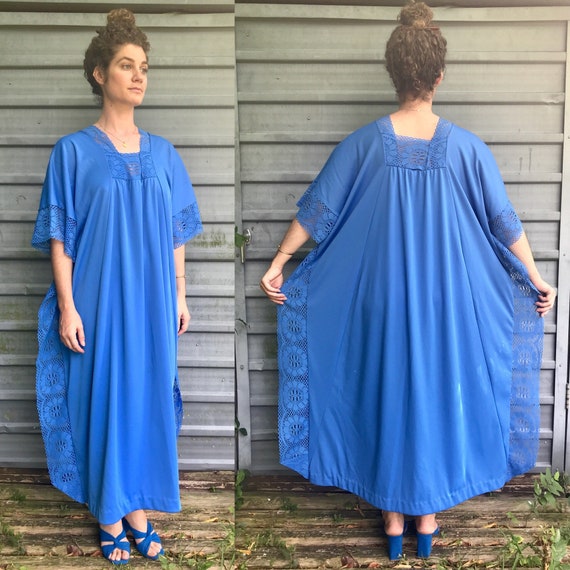 1970s hand made cerulean polyester caftan w/ laced