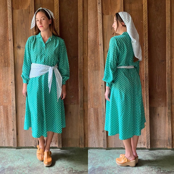 handmade green & white polka dot shirtdress w/ ma… - image 1