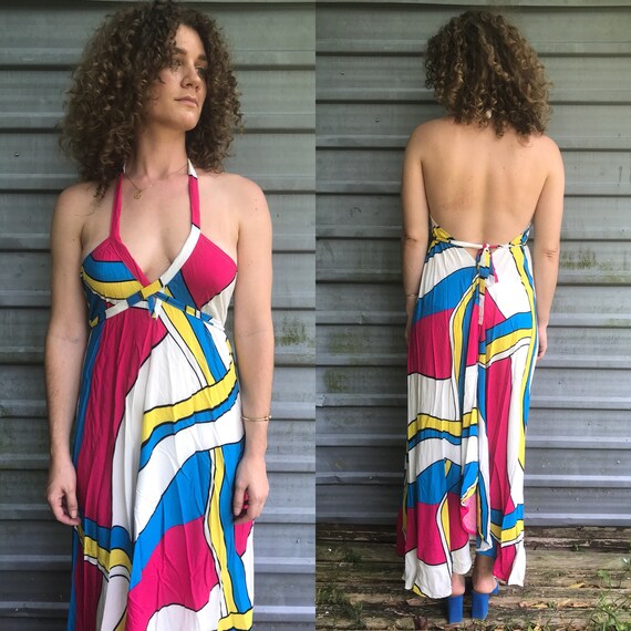90s color block print strappy halter sundress w/ … - image 1