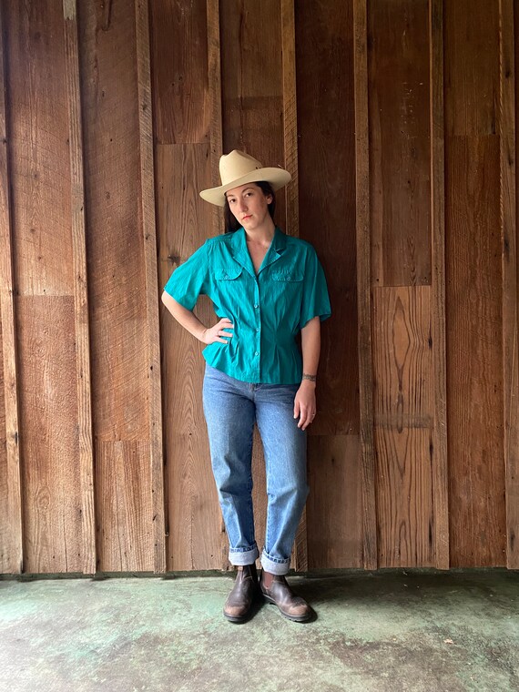 80s-90s teal green crinkle button down blouse wit… - image 4