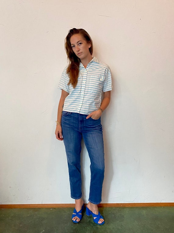 90s baby blue & white striped cropped fishing shi… - image 6