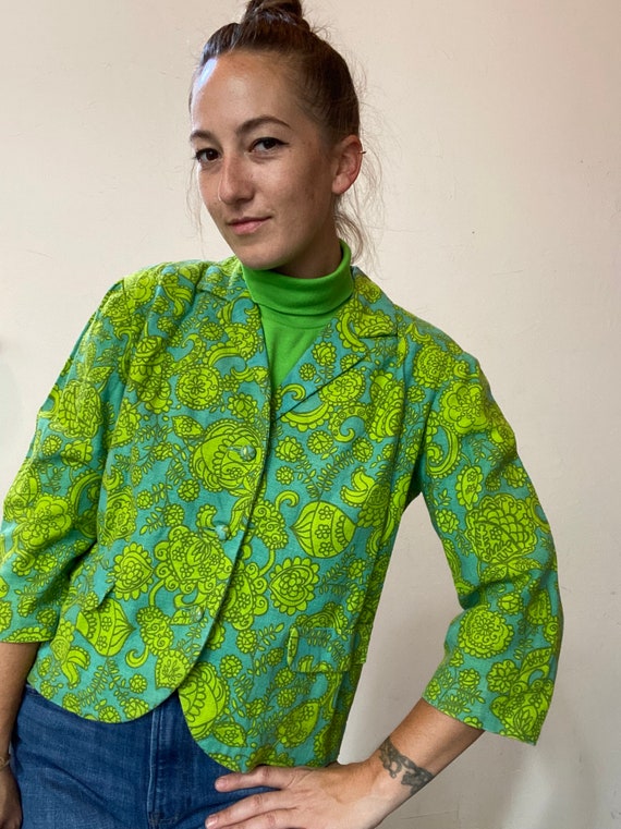 1960s handmade lime green & turquoise paisley bla… - image 5