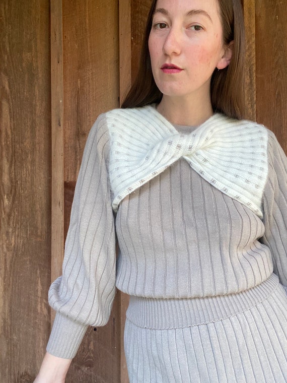 1980s beige and white ribbed knit sweater skirt s… - image 9