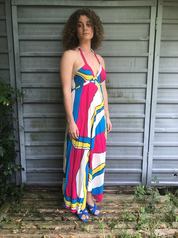 90s color block print strappy halter sundress w/ … - image 4